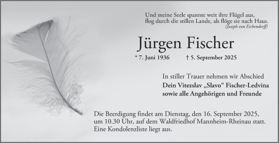 Traueranzeige von Jürgen Fischer von Mannheimer Morgen