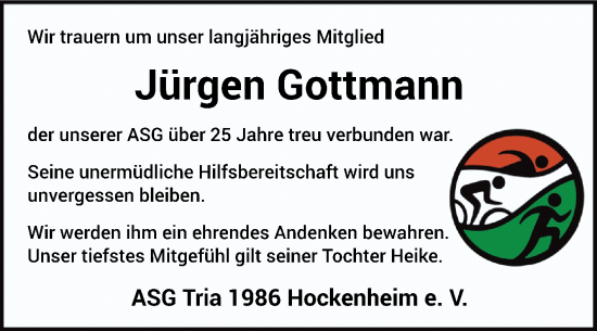 Traueranzeige von Jürgen Gottmann von Schwetzinger Zeitung
