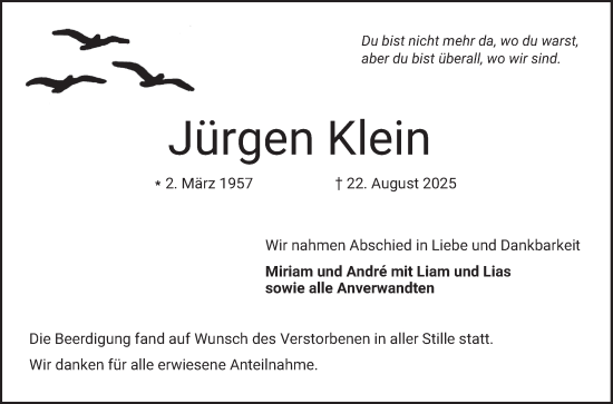 Traueranzeige von Jürgen Klein von Bergsträßer Anzeiger