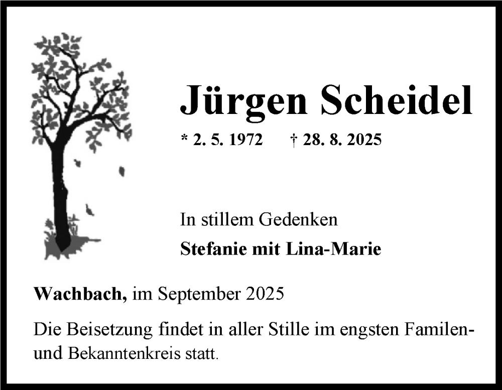  Traueranzeige für Jürgen Scheidel vom 02.09.2025 aus Fränkische Nachrichten