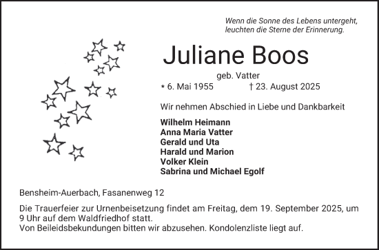 Traueranzeige von Juliane Boos von Bergsträßer Anzeiger