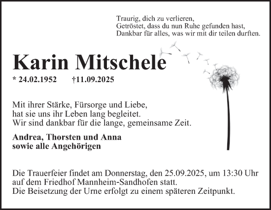 Traueranzeige von Karin Mitschele von Mannheimer Morgen