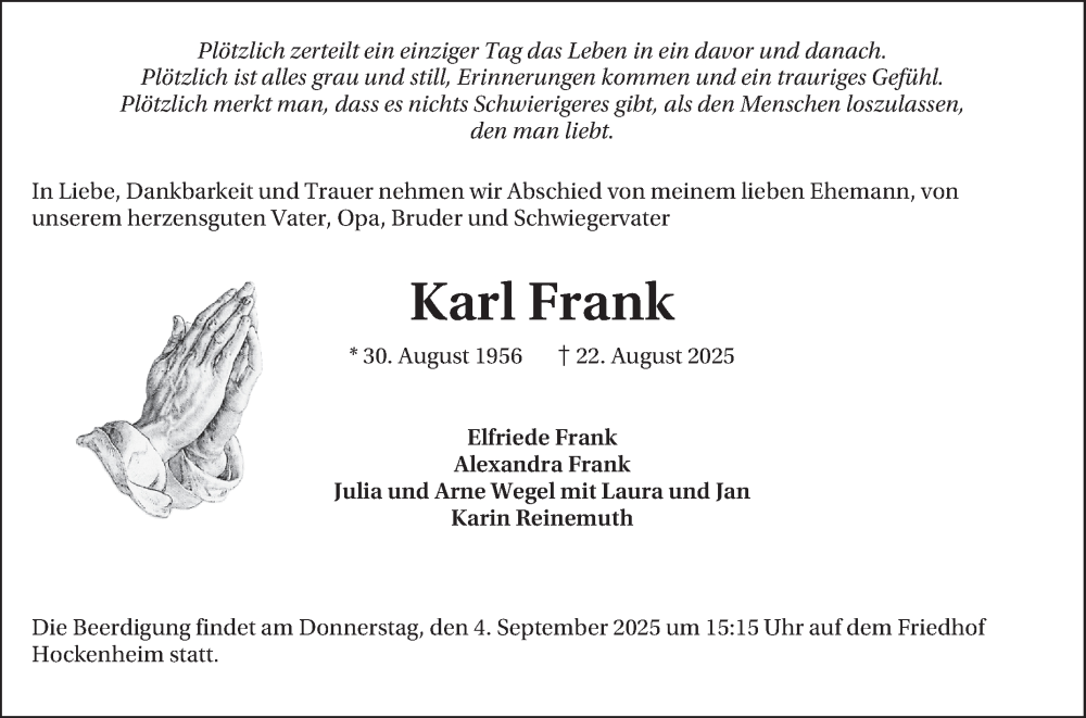  Traueranzeige für Karl Frank vom 01.09.2025 aus Schwetzinger Zeitung