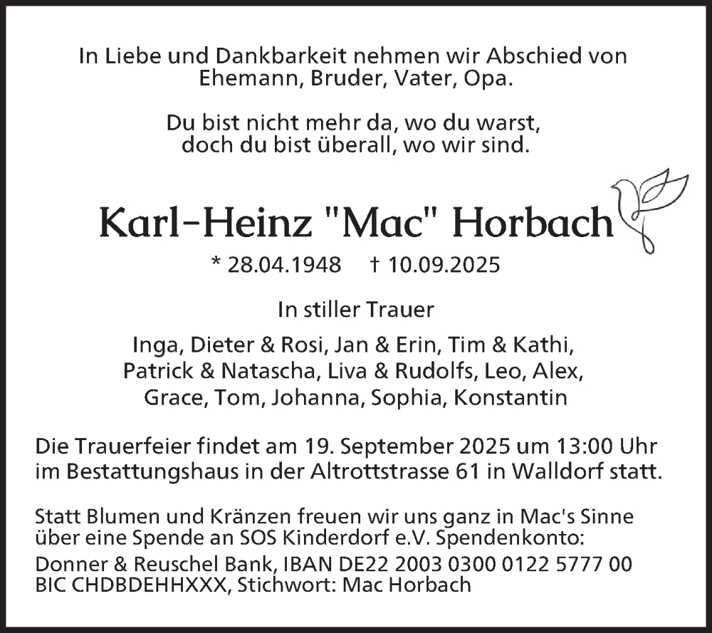  Traueranzeige für Karl-Heinz Horbach vom 18.09.2025 aus Schwetzinger Zeitung