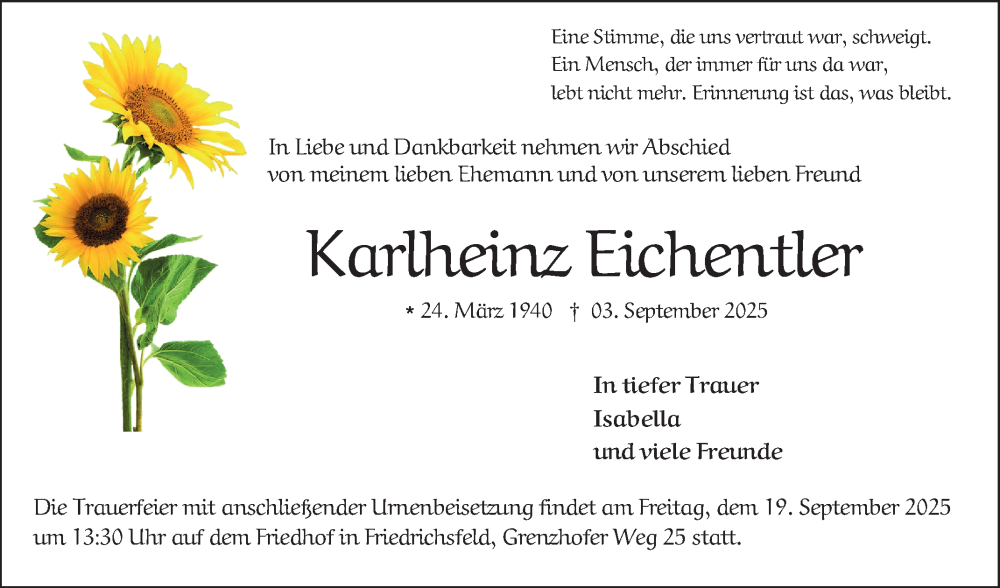  Traueranzeige für Karlheinz Eichentler vom 13.09.2025 aus Mannheimer Morgen