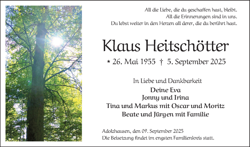  Traueranzeige für Klaus Heitschötter vom 09.09.2025 aus Fränkische Nachrichten