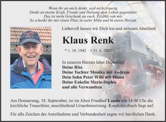 Traueranzeige von Klaus Renk von Fränkische Nachrichten