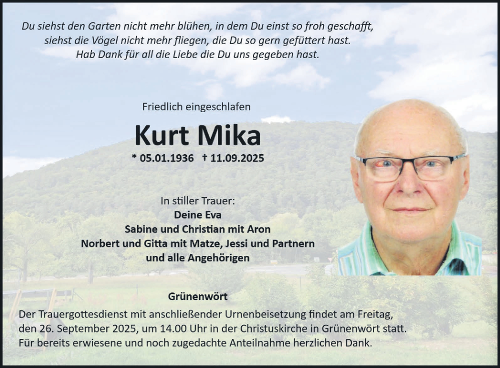  Traueranzeige für Kurt Mika vom 20.09.2025 aus Fränkische Nachrichten