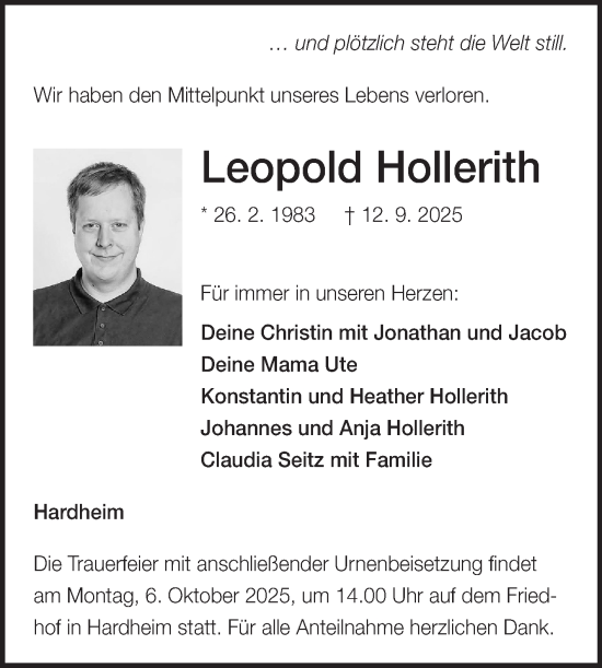 Traueranzeige von Leopold Hollerith von Fränkische Nachrichten