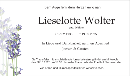 Traueranzeige von Lieselotte Wolter von Mannheimer Morgen