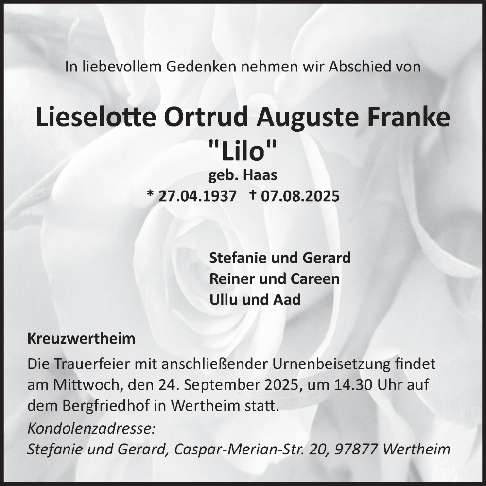  Traueranzeige für Lieselotte Ortrud Auguste Franke vom 20.09.2025 aus Fränkische Nachrichten
