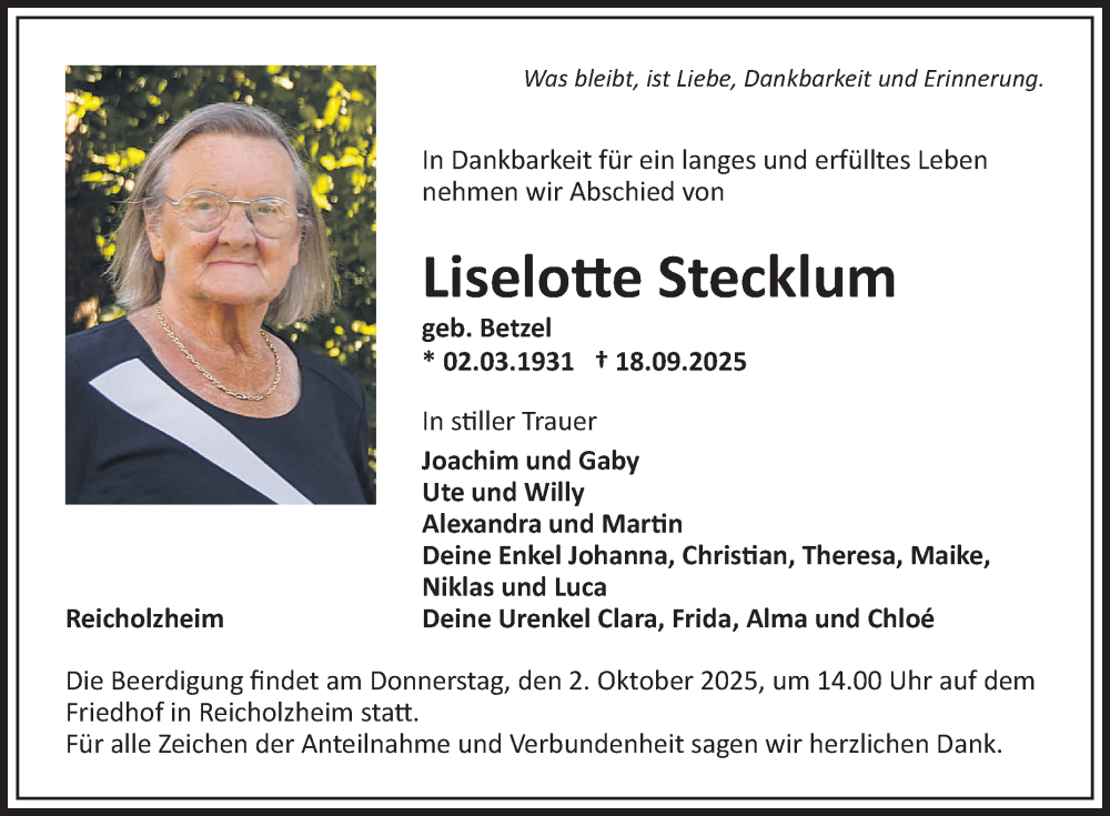  Traueranzeige für Liselotte Stecklum vom 27.09.2025 aus Fränkische Nachrichten