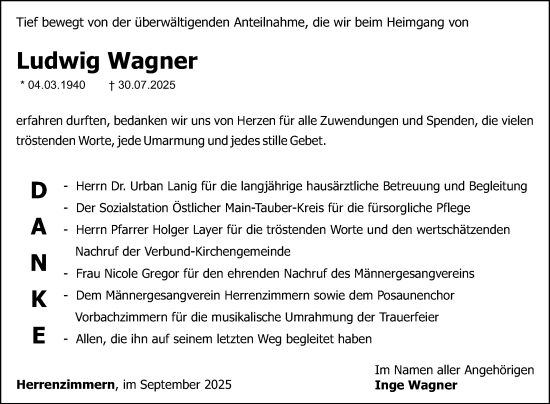 Traueranzeige von Ludwig Wagner von Fränkische Nachrichten