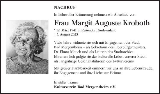 Traueranzeige von Margit Auguste Kroboth von Fränkische Nachrichten