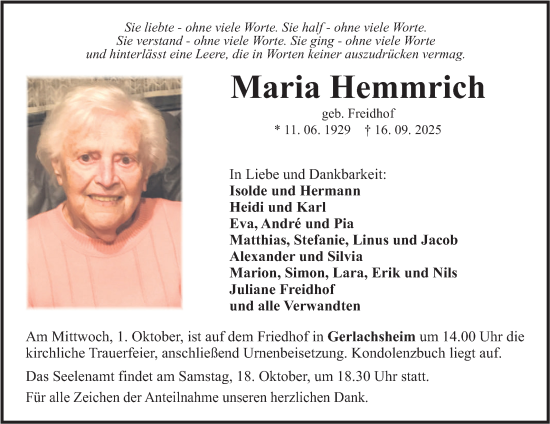 Traueranzeige von Maria Hemmrich von Fränkische Nachrichten