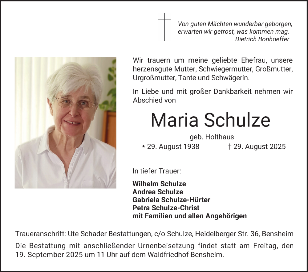  Traueranzeige für Maria Schulze vom 13.09.2025 aus Bergsträßer Anzeiger