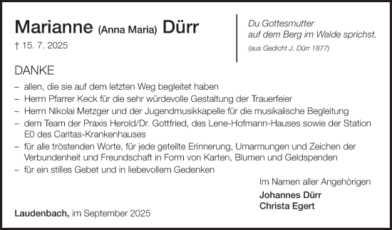 Traueranzeige von Marianne Dürr von Fränkische Nachrichten