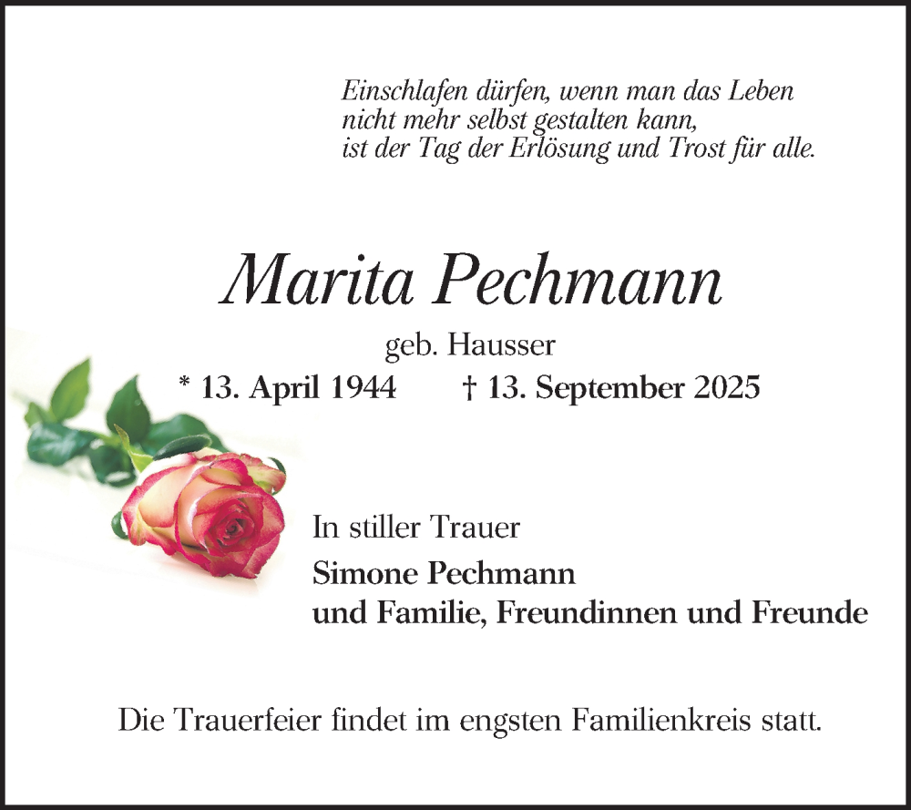  Traueranzeige für Marita Pechmann vom 27.09.2025 aus Mannheimer Morgen