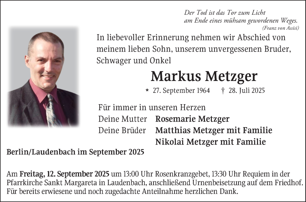  Traueranzeige für Markus Metzger vom 09.09.2025 aus Fränkische Nachrichten