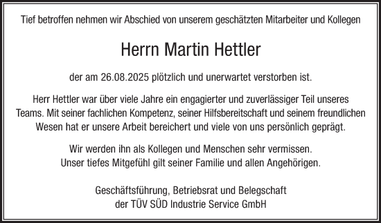 Traueranzeige von Martin Hettler von Mannheimer Morgen