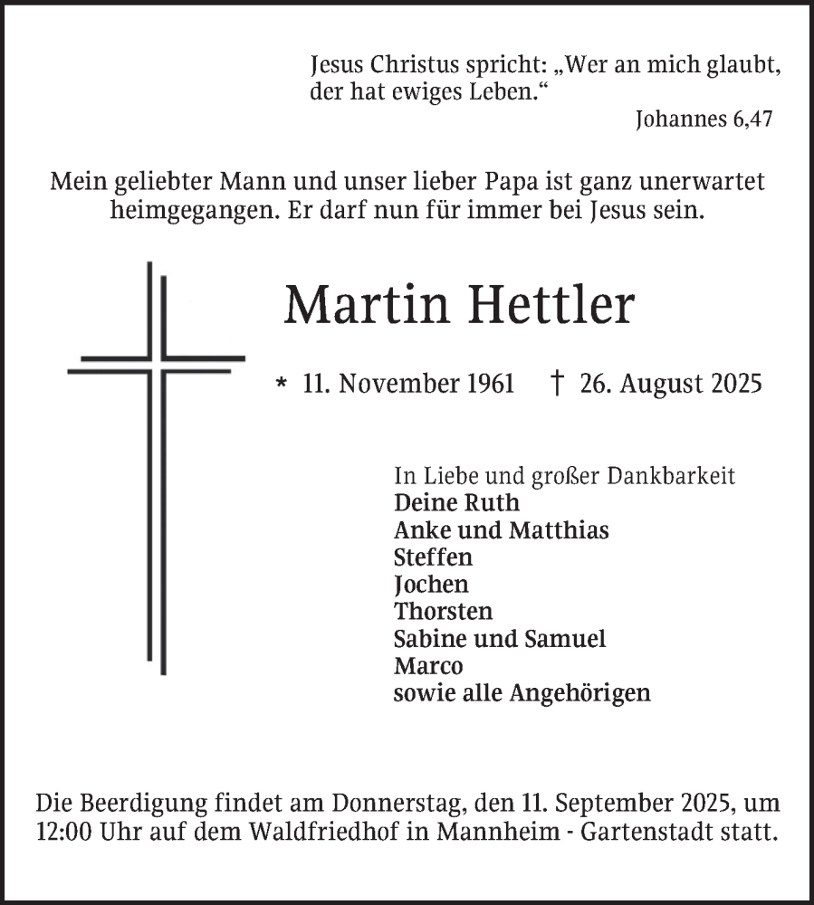  Traueranzeige für Martin Hettler vom 06.09.2025 aus Mannheimer Morgen