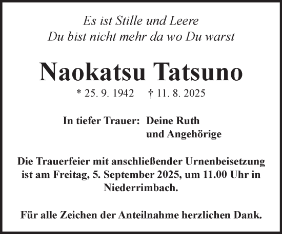 Traueranzeige von Naokatsu Tatsuno von Fränkische Nachrichten