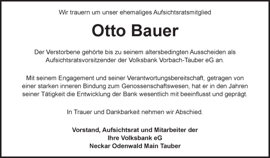 Traueranzeige von Otto Bauer von Fränkische Nachrichten