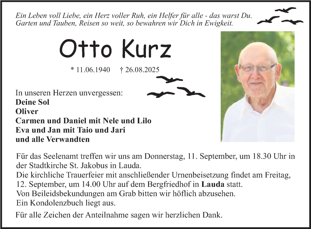  Traueranzeige für Otto Kurz vom 06.09.2025 aus Fränkische Nachrichten