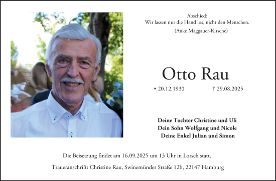 Traueranzeige von Otto Rau von Bergsträßer Anzeiger