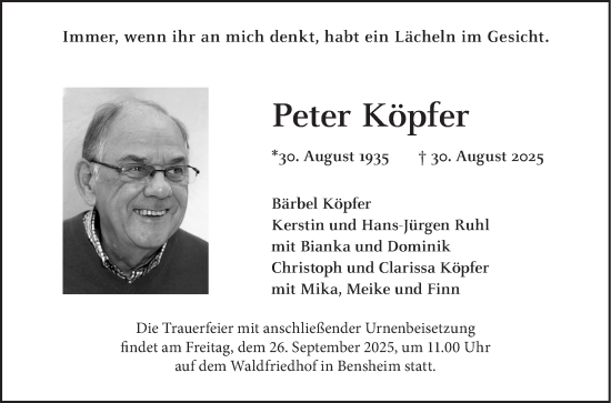 Traueranzeige von Peter Köpfer von Bergsträßer Anzeiger