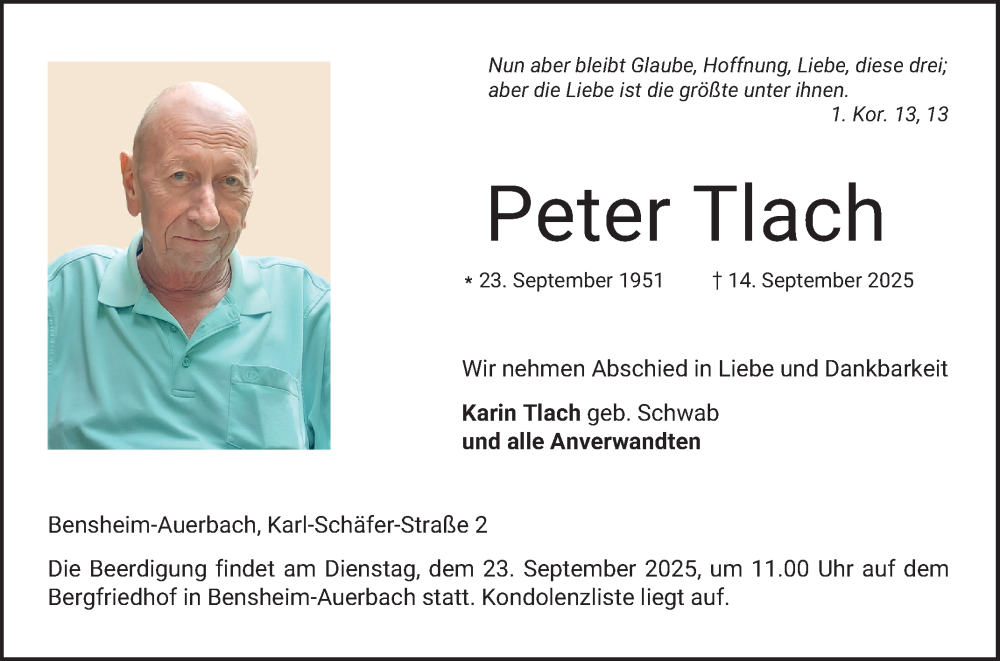  Traueranzeige für Peter Tlach vom 20.09.2025 aus Bergsträßer Anzeiger