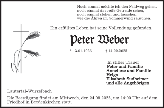 Traueranzeige von Peter Weber von Bergsträßer Anzeiger