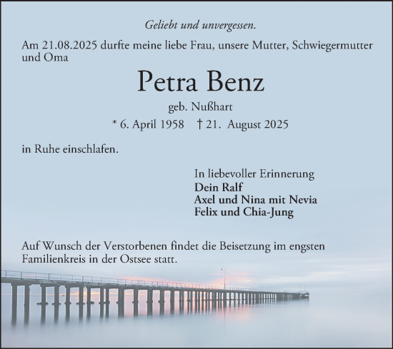 Traueranzeige von Petra Benz von Mannheimer Morgen
