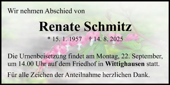 Traueranzeige von Renate Schmitz von Fränkische Nachrichten