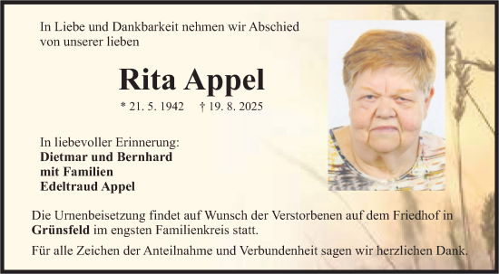 Traueranzeige von Rita Appel von Fränkische Nachrichten