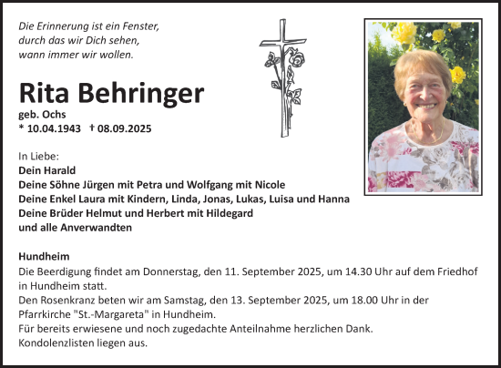 Traueranzeige von Rita Behringer von Fränkische Nachrichten