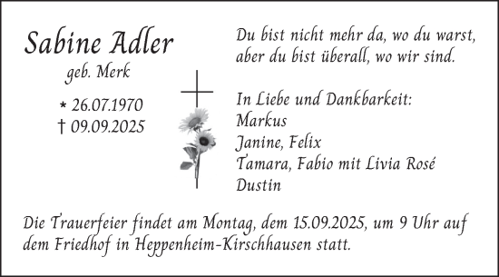 Traueranzeige von Sabine Adler von Bergsträßer Anzeiger