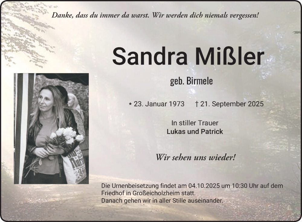  Traueranzeige für Sandra Mißler vom 27.09.2025 aus Fränkische Nachrichten