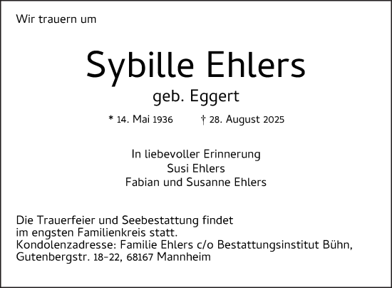 Traueranzeige von Sybille Ehlers von Mannheimer Morgen