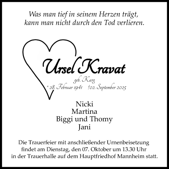 Traueranzeige von Ursel Kravat von Mannheimer Morgen
