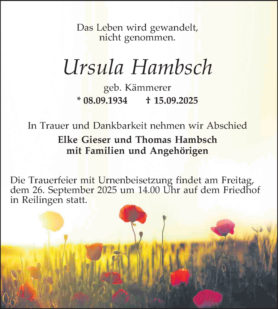  Traueranzeige für Ursula Hambsch vom 20.09.2025 aus Schwetzinger Zeitung