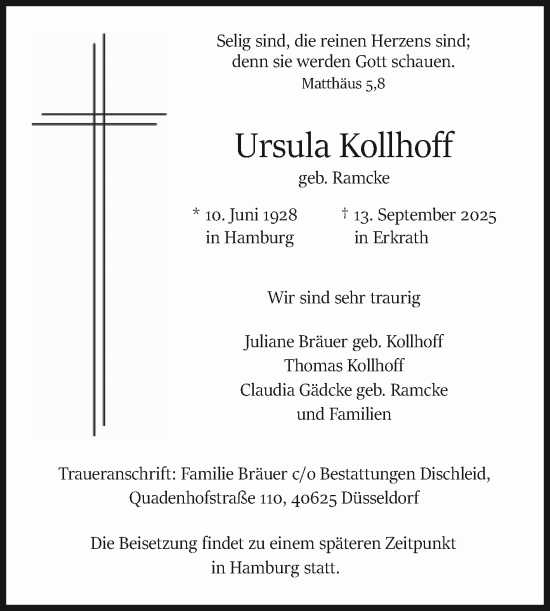 Traueranzeige von Ursula Kollhoff von Mannheimer Morgen