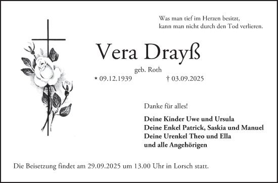 Traueranzeige von Vera Drayß von Bergsträßer Anzeiger