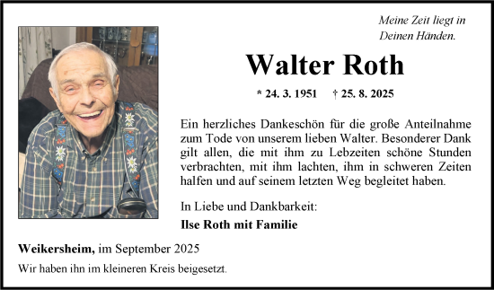 Traueranzeige von Walter Roth von Fränkische Nachrichten