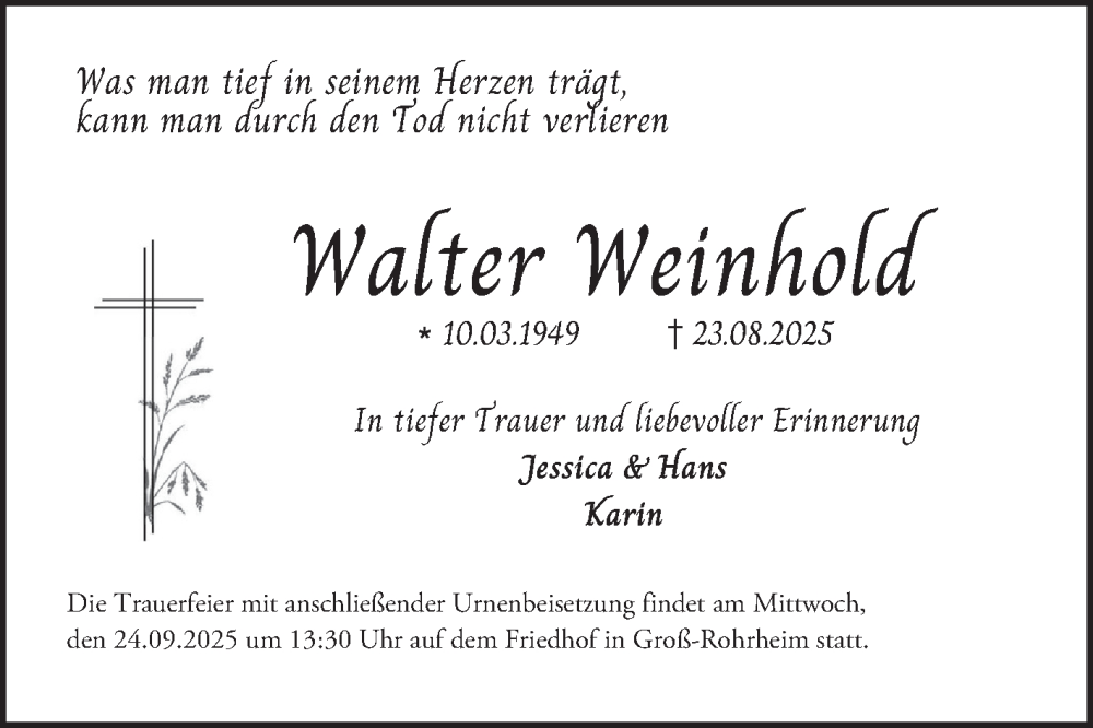  Traueranzeige für Walter Weinhold vom 17.09.2025 aus Bergsträßer Anzeiger