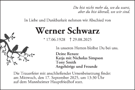 Traueranzeige von Werner Schwarz von Mannheimer Morgen