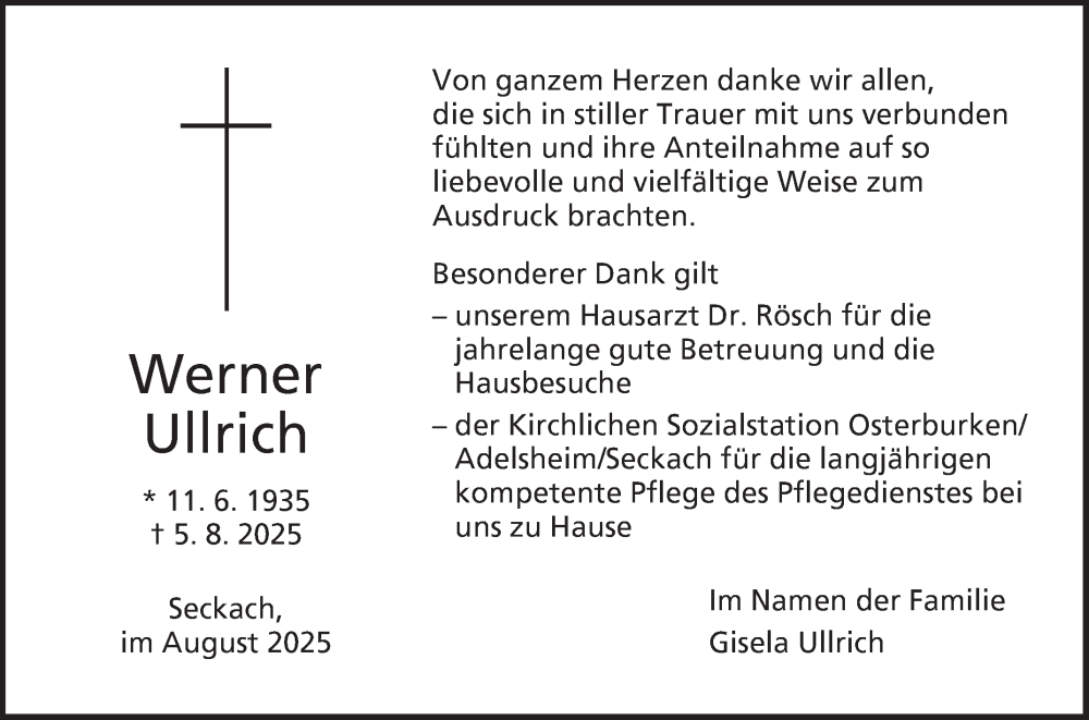 Traueranzeige für Werner Ullrich vom 06.09.2025 aus Fränkische Nachrichten