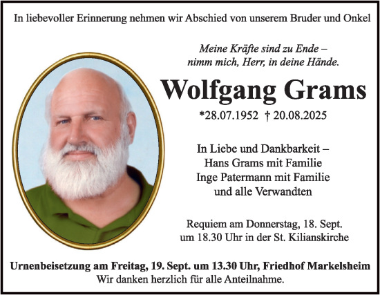 Traueranzeige von Wolfgang Grams von Fränkische Nachrichten