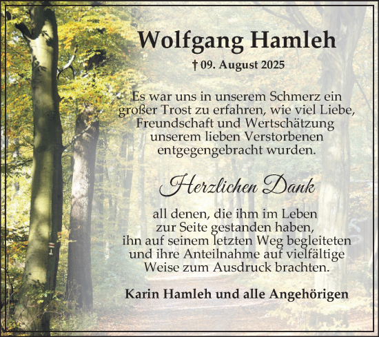 Traueranzeige von Wolfgang Hamleh von Schwetzinger Zeitung