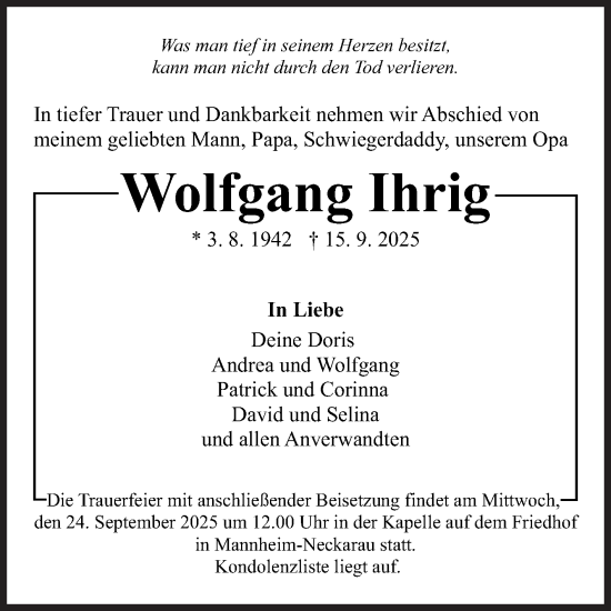Traueranzeige von Wolfgang Ihrig von Mannheimer Morgen